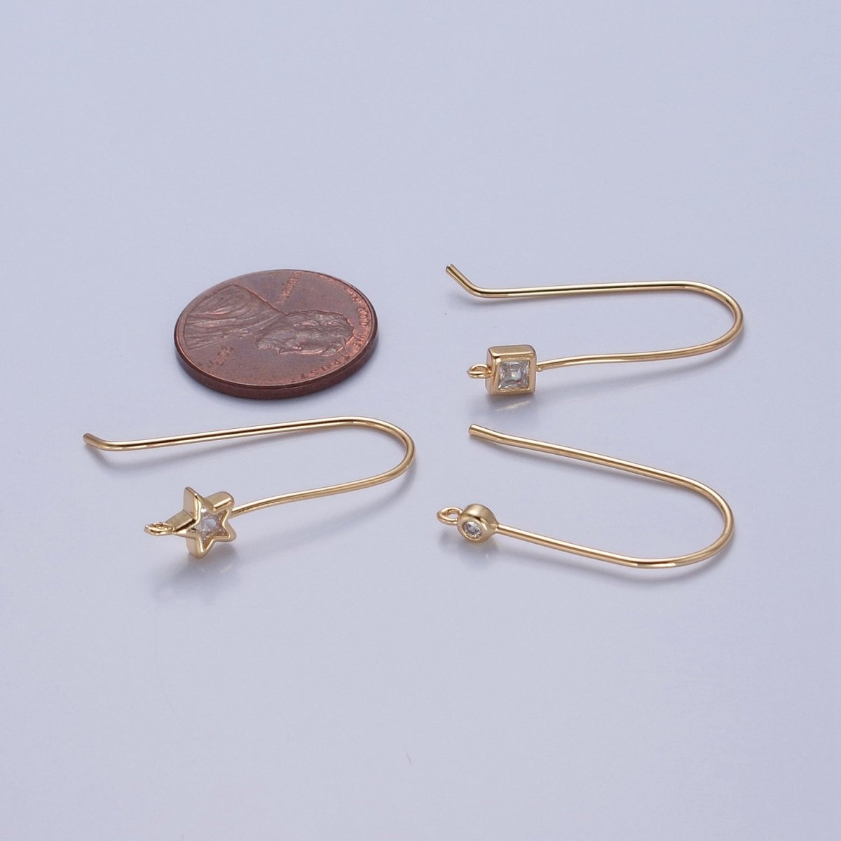 Gold plated French Hook Earrings, Geometric Marquise Heart Baguette Oval Square Star Round CZ Cubic Zirconia Fish Hook Earrings with Open Link Loop for Earrings Making L-802~L-808 - DLUXCA