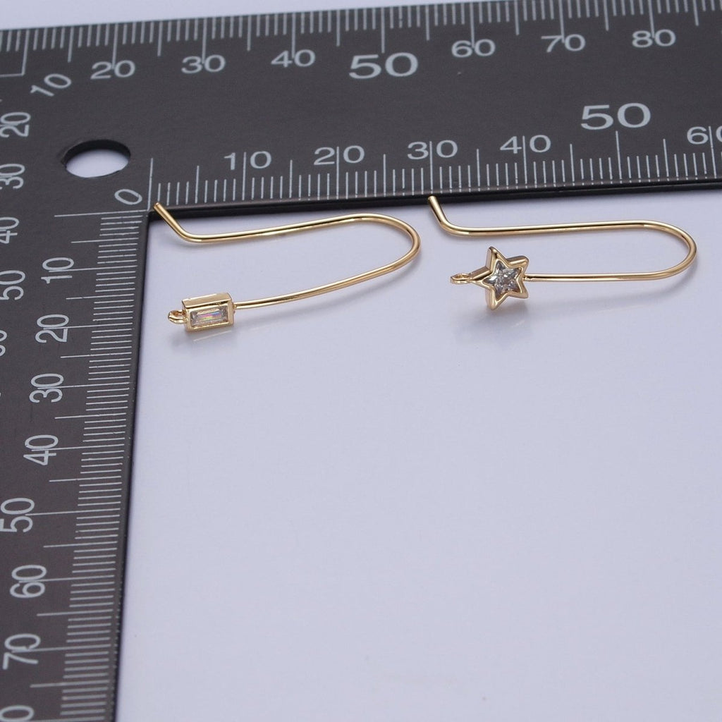 Gold plated French Hook Earrings, Geometric Marquise Heart Baguette Oval Square Star Round CZ Cubic Zirconia Fish Hook Earrings with Open Link Loop for Earrings Making L-802~L-808 - DLUXCA
