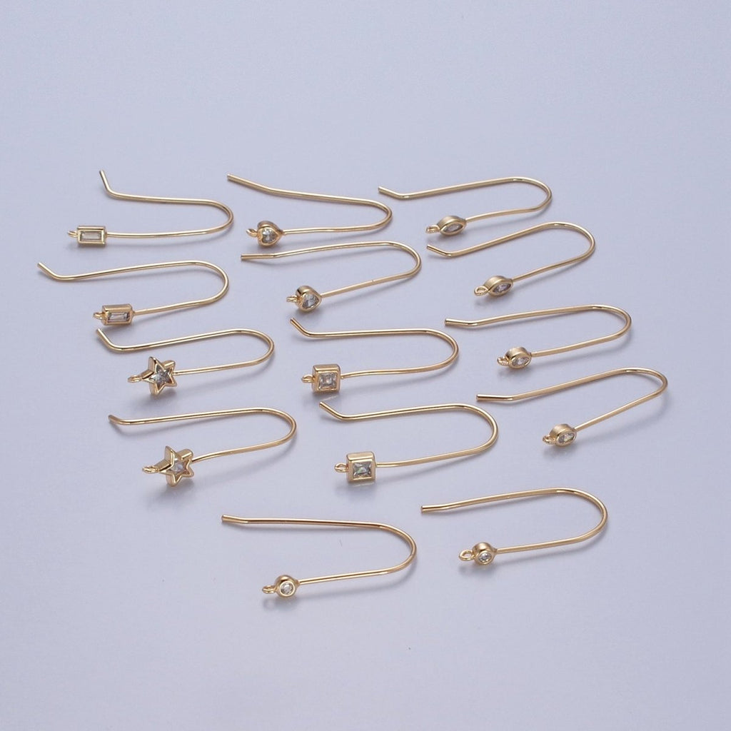 Gold plated French Hook Earrings, Geometric Marquise Heart Baguette Oval Square Star Round CZ Cubic Zirconia Fish Hook Earrings with Open Link Loop for Earrings Making L-802~L-808 - DLUXCA