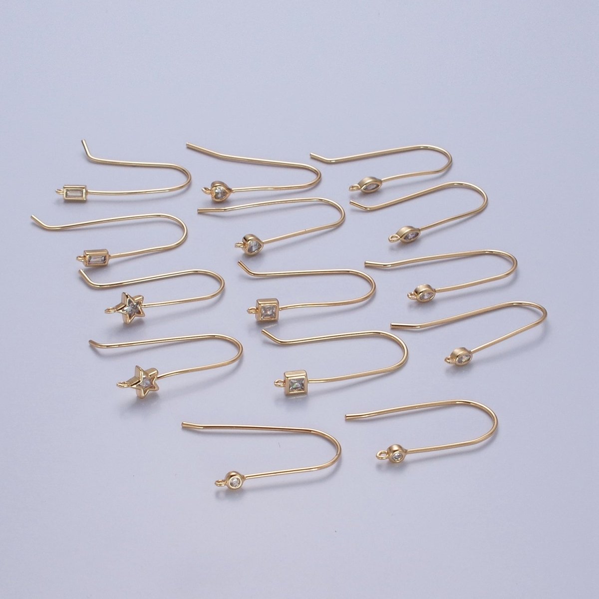 Gold plated French Hook Earrings, Geometric Marquise Heart Baguette Oval Square Star Round CZ Cubic Zirconia Fish Hook Earrings with Open Link Loop for Earrings Making L-802~L-808 - DLUXCA