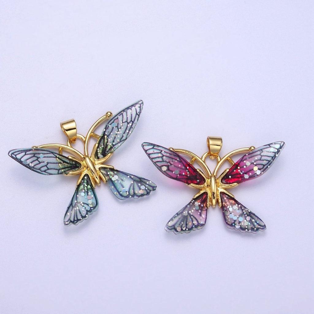Gold plated Fuchsia, Blue Fairy Butterfly Pendant  I-089 I-092