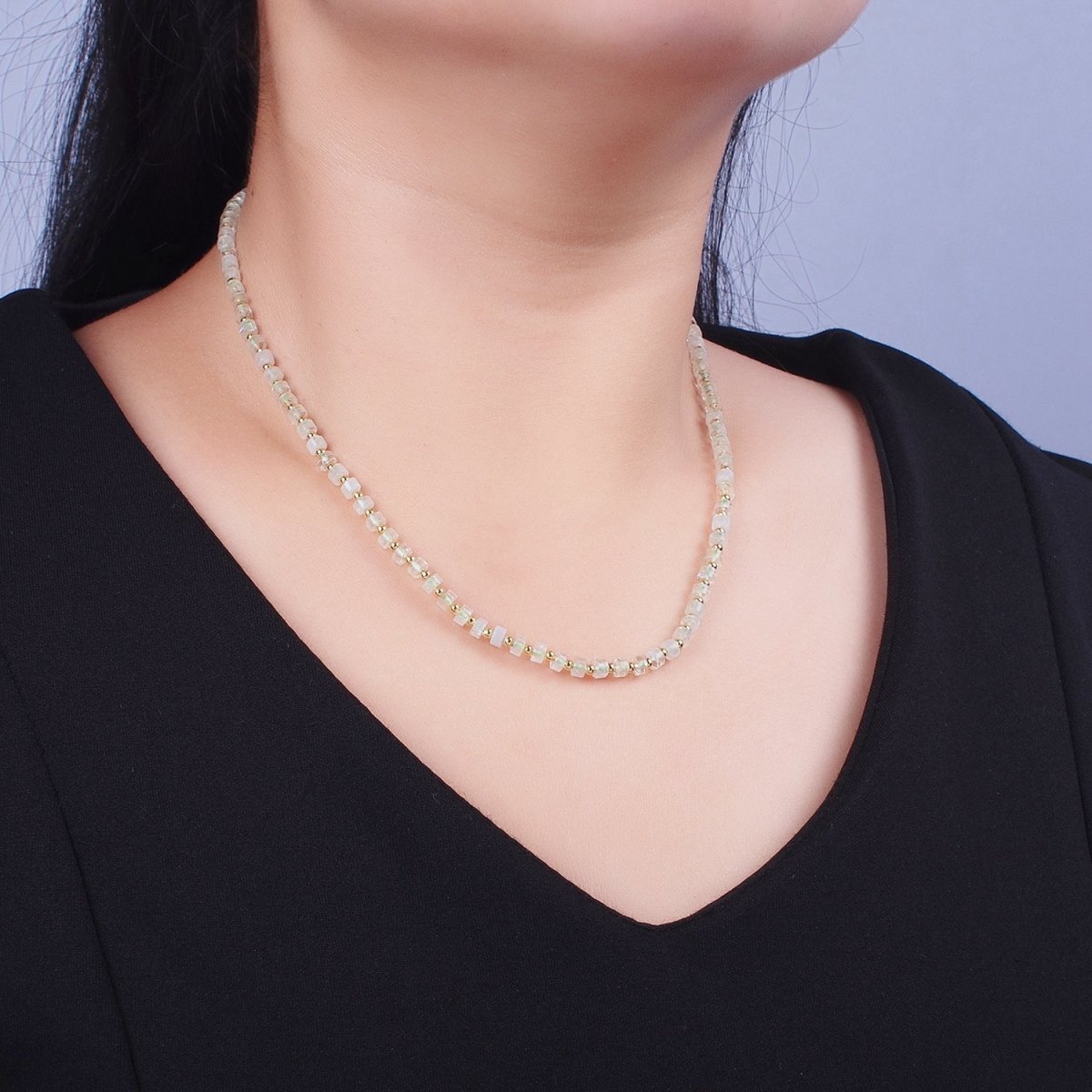Gold plated Green Prehnite Rondelle Heishi Gemstone Gold Spacer Beads 16 Inch Choker Necklace | WA-1436 Clearance Pricing - DLUXCA