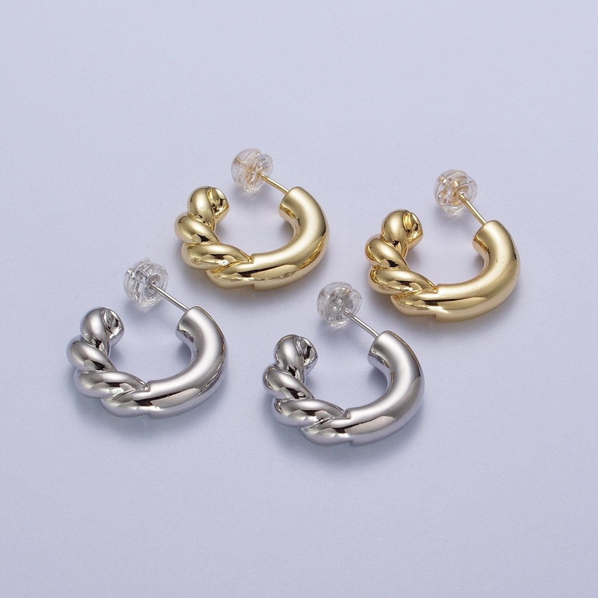 Gold plated Half Twist Croissant Gold / Silver 20mm C Shaped Hoops Stud Earrings | AD-108 AD-109