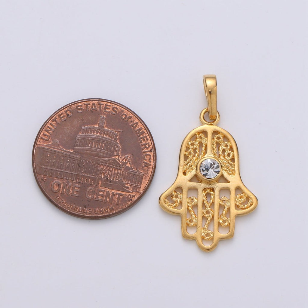 Gold plated Hamsa Hand Pendant Hand of Fatimah Charm J-071 - DLUXCA
