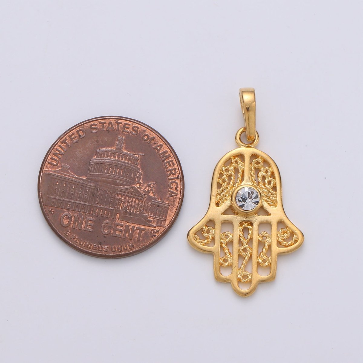 Gold plated Hamsa Hand Pendant Hand of Fatimah Charm J-071 - DLUXCA