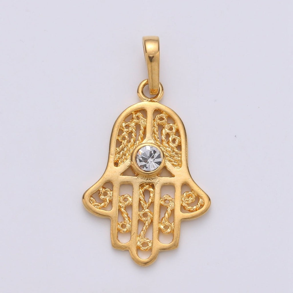 Gold plated Hamsa Hand Pendant Hand of Fatimah Charm J-071 - DLUXCA