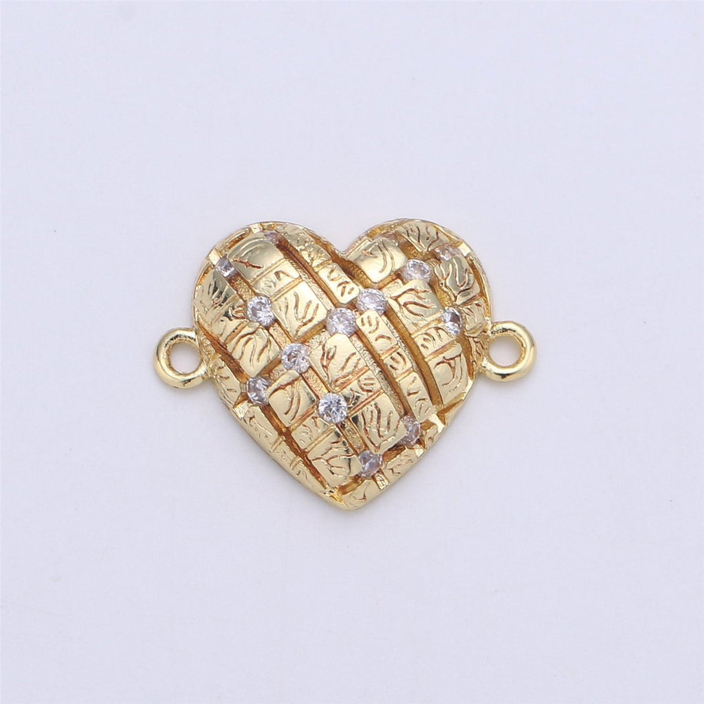 Gold plated heart Charm Connector, Bracelet Connector, Cubic Heart armlet Connector, CZ Link Charm Jewelry Connector F-365 - DLUXCA
