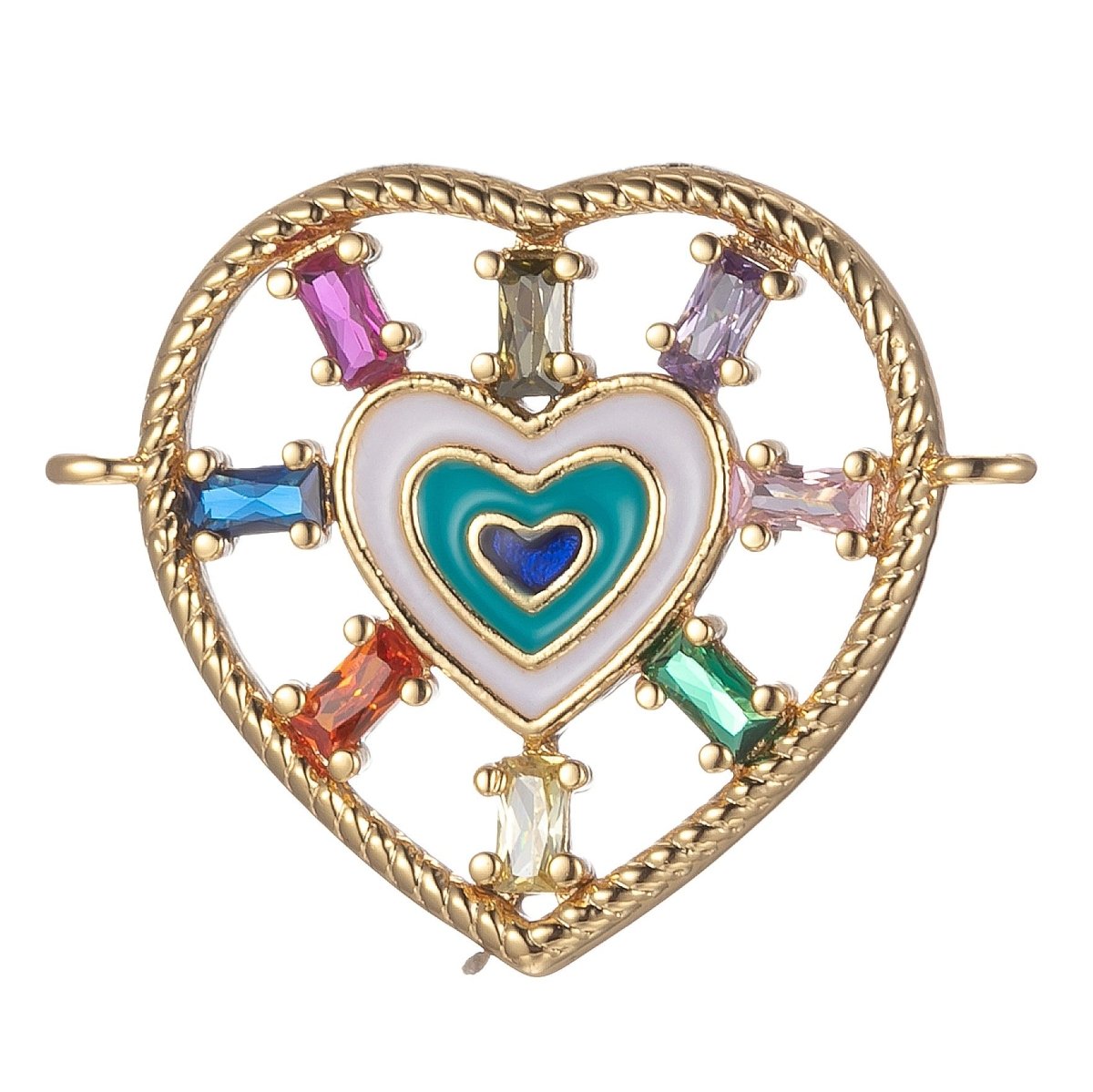 Gold plated Heart Charm Connector Multi Color CZ Charm Bracelet Earring Necklace Link Connector Double Bail Charm F-871 - DLUXCA