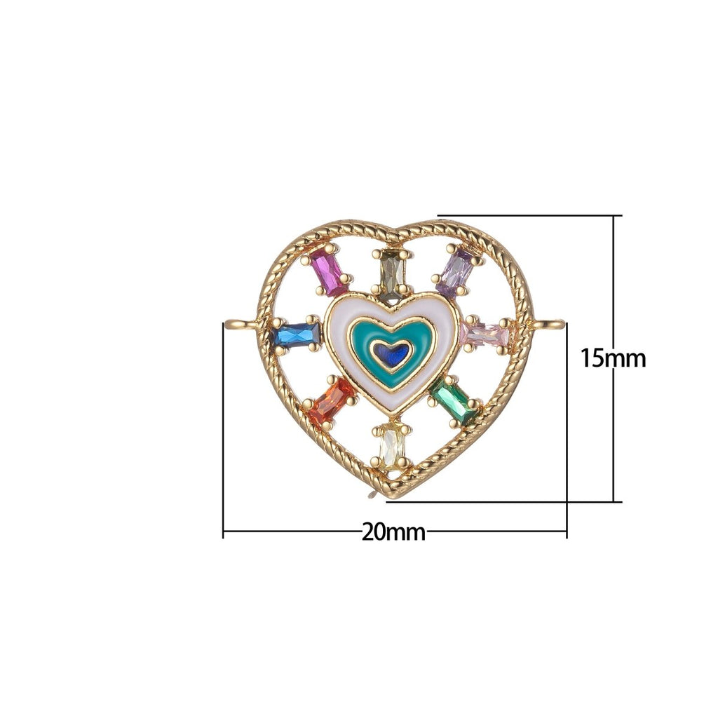 Gold plated Heart Charm Connector Multi Color CZ Charm Bracelet Earring Necklace Link Connector Double Bail Charm F-871 - DLUXCA
