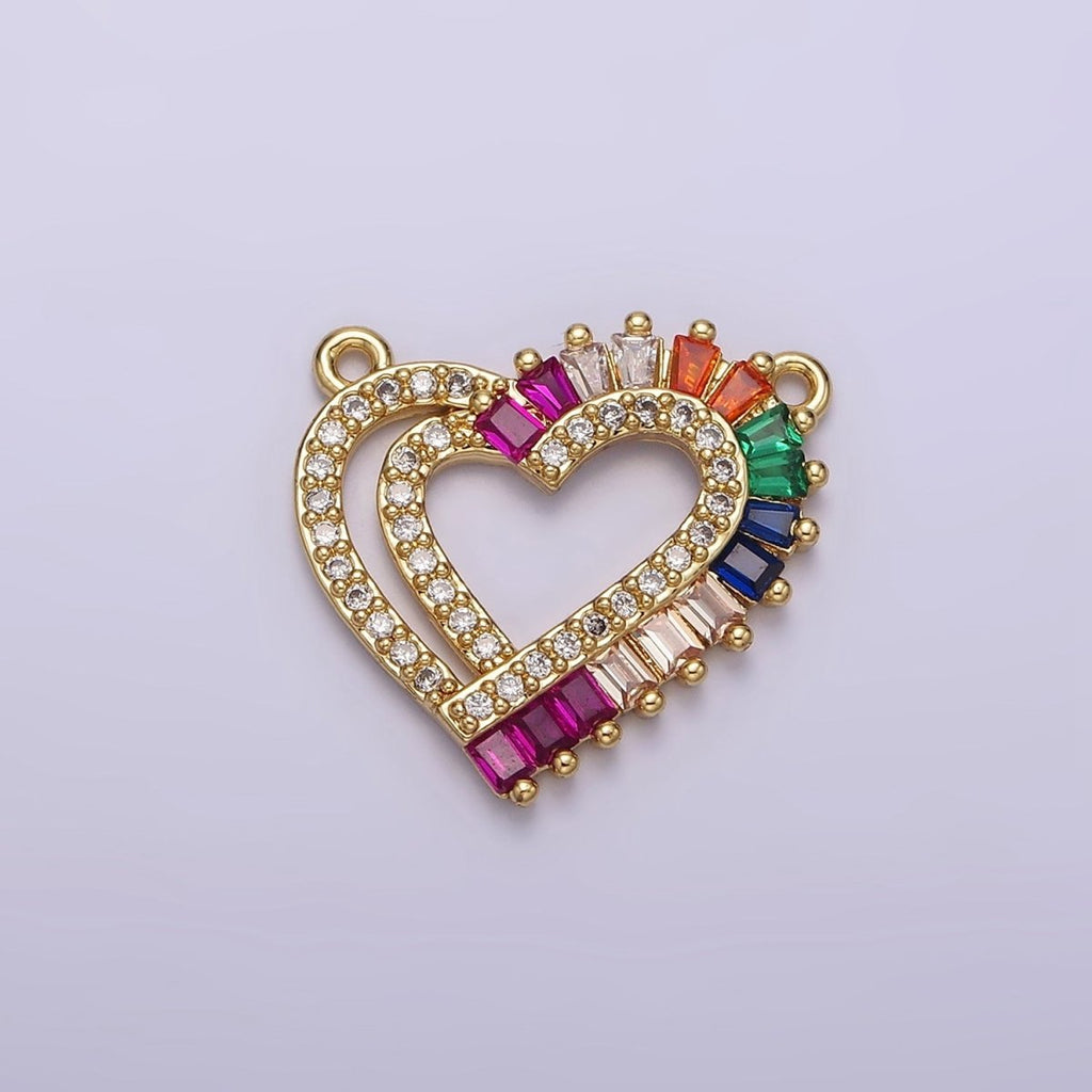 Gold plated Heart Multiple Band Multicolor Baguette Micro Paved CZ Connector G-653 - DLUXCA