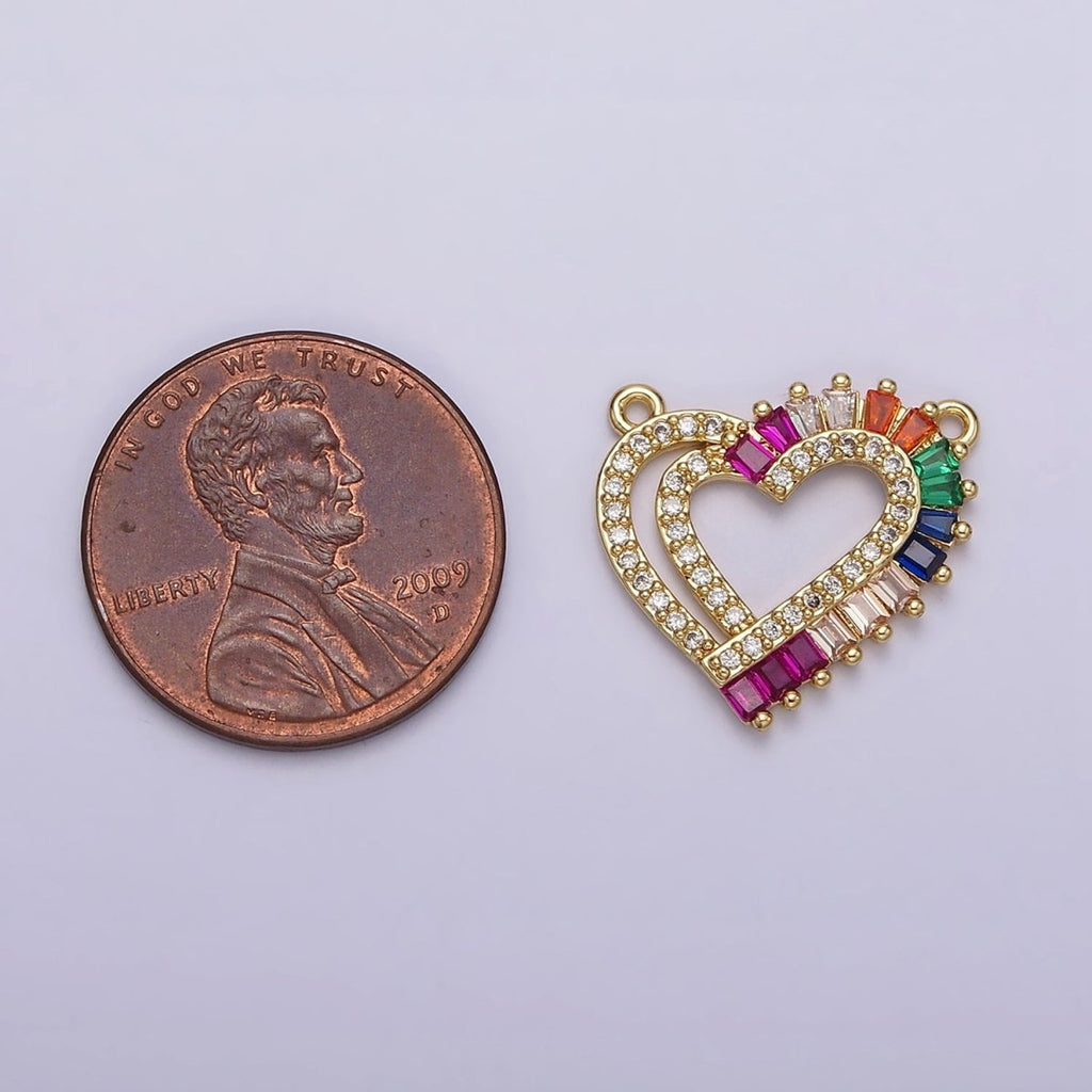 Gold plated Heart Multiple Band Multicolor Baguette Micro Paved CZ Connector G-653 - DLUXCA