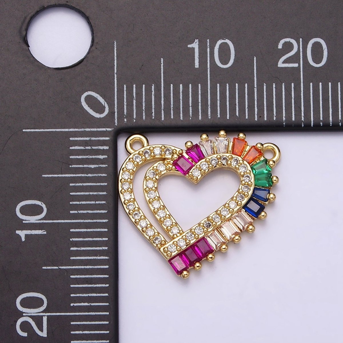 Gold plated Heart Multiple Band Multicolor Baguette Micro Paved CZ Connector G-653 - DLUXCA