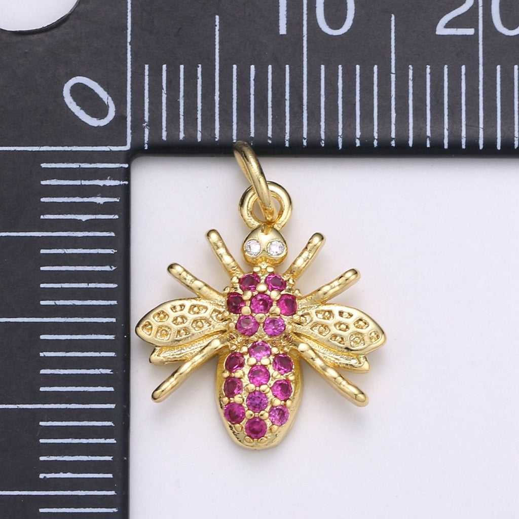 Gold plated Hot Pink Crystal Bees Flies Charm D-880 - DLUXCA