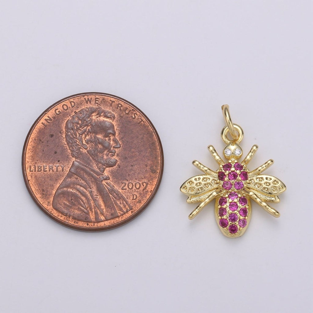 Gold plated Hot Pink Crystal Bees Flies Charm D-880 - DLUXCA