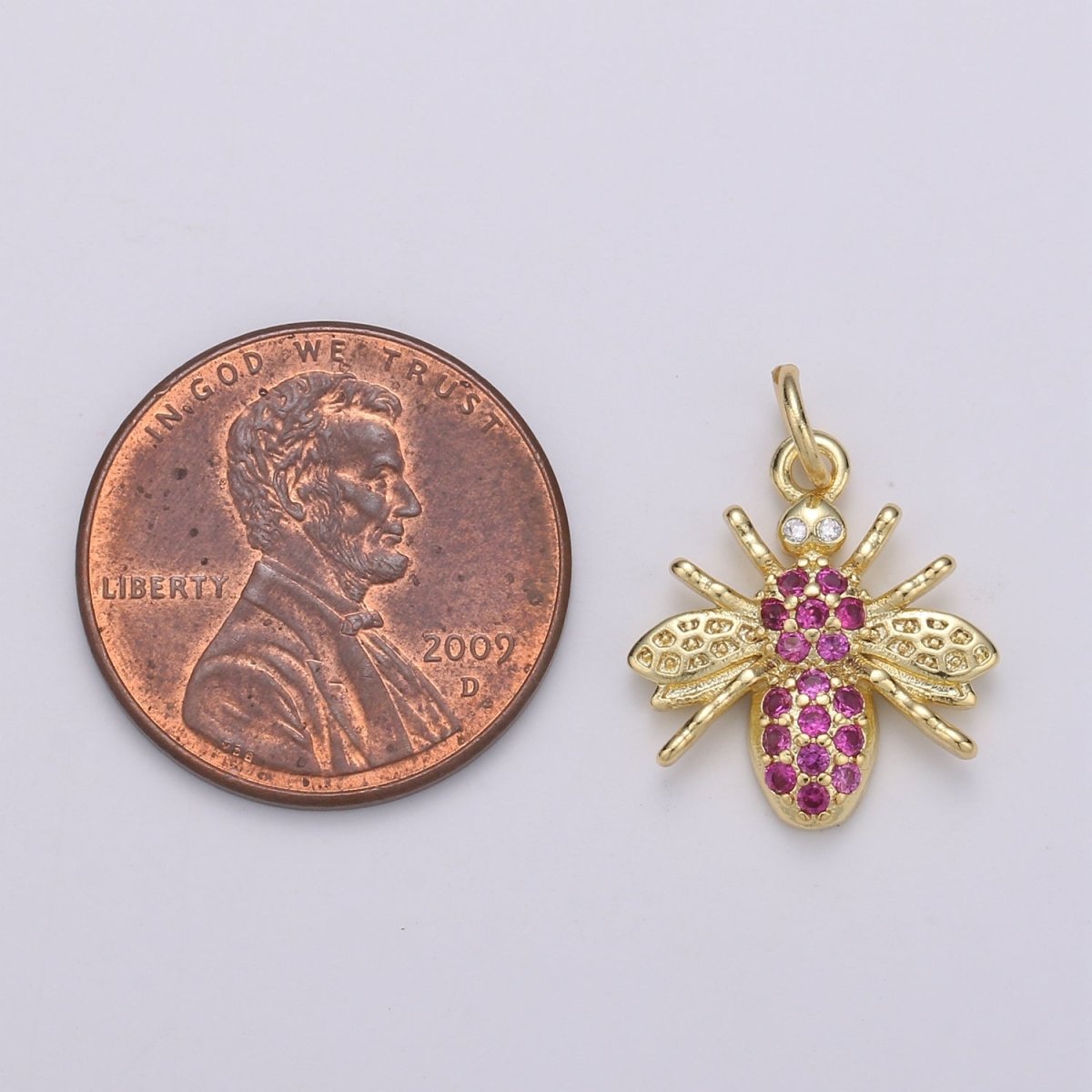 Gold plated Hot Pink Crystal Bees Flies Charm D-880 - DLUXCA