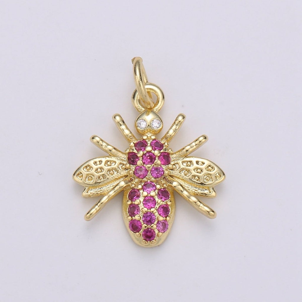 Gold plated Hot Pink Crystal Bees Flies Charm D-880 - DLUXCA