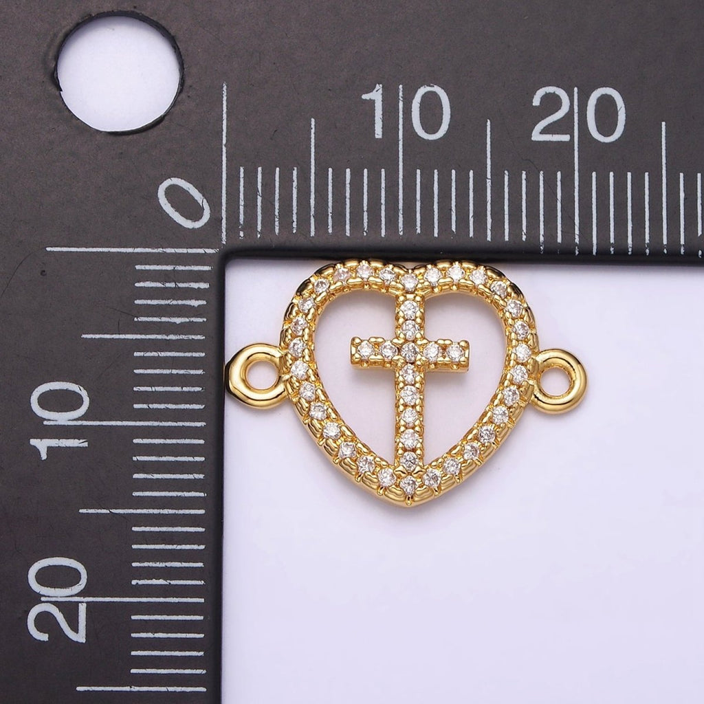 Gold plated Latin Cross Clear Micro Paved CZ Heart Connector G-650 - DLUXCA