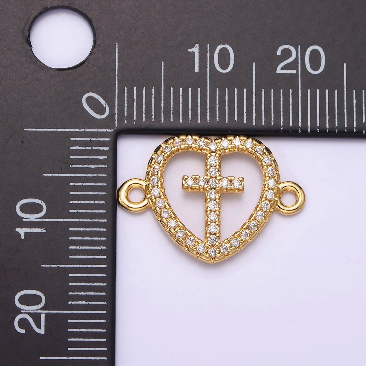 Gold plated Latin Cross Clear Micro Paved CZ Heart Connector G-650 - DLUXCA