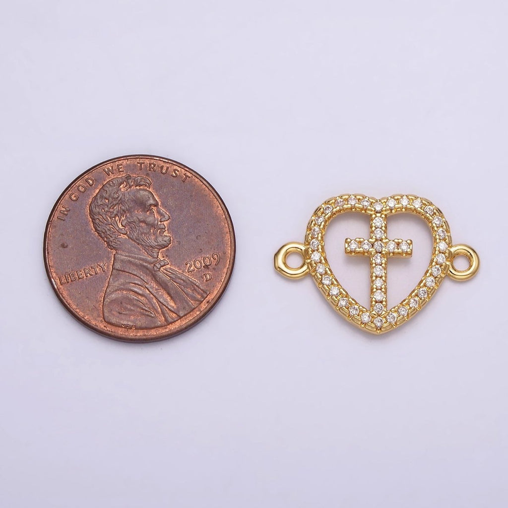 Gold plated Latin Cross Clear Micro Paved CZ Heart Connector G-650 - DLUXCA