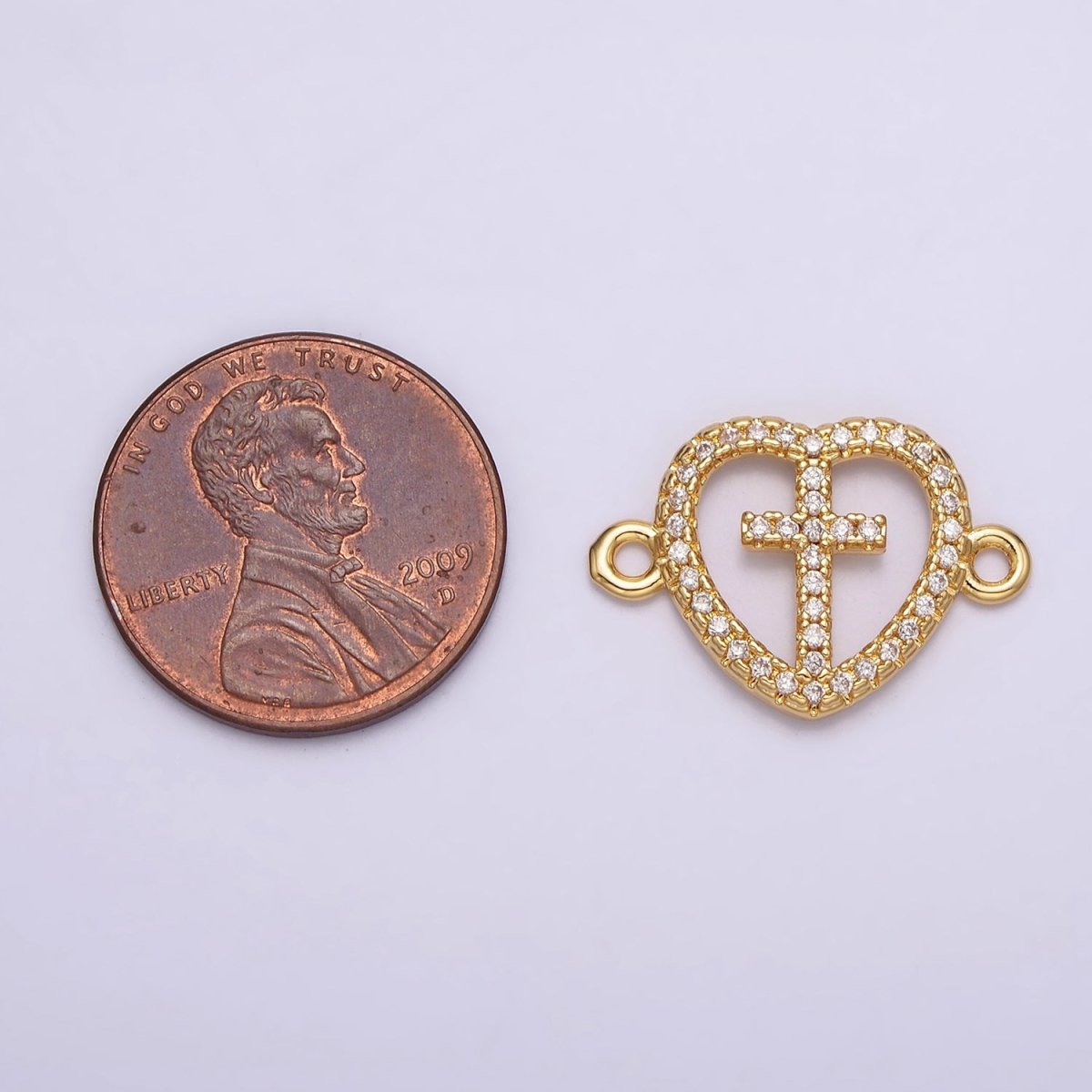 Gold plated Latin Cross Clear Micro Paved CZ Heart Connector G-650 - DLUXCA
