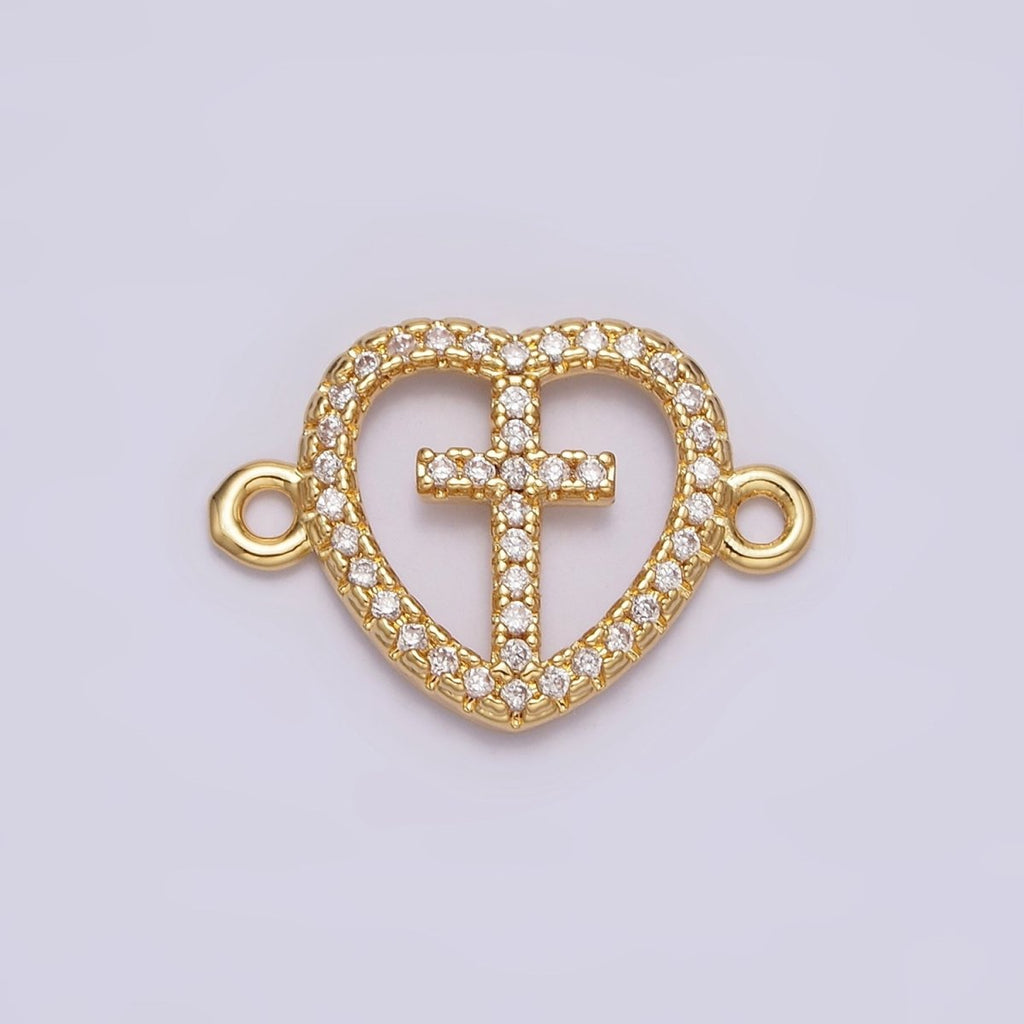Gold plated Latin Cross Clear Micro Paved CZ Heart Connector G-650 - DLUXCA
