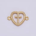 Gold plated Latin Cross Clear Micro Paved CZ Heart Connector G-650 - DLUXCA