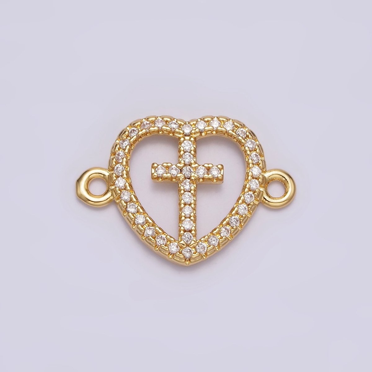 Gold plated Latin Cross Clear Micro Paved CZ Heart Connector G-650 - DLUXCA