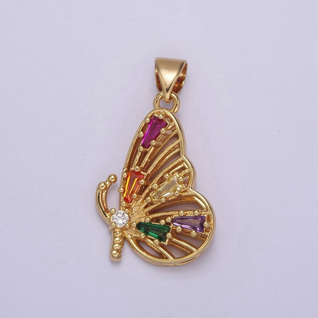 Gold plated Mariposa Butterfly Pendant with Baguette Cubic Zirconia CZ Wings J-340 - DLUXCA
