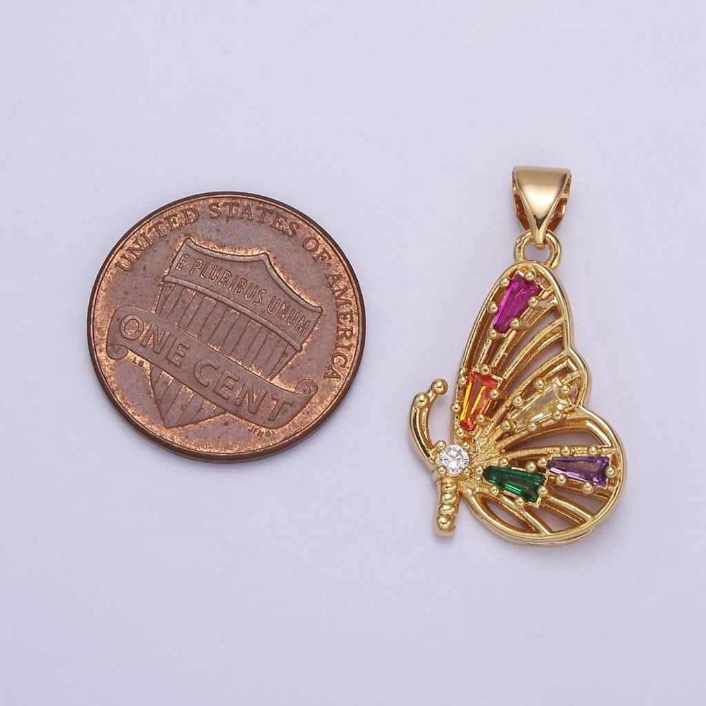 Gold plated Mariposa Butterfly Pendant with Baguette Cubic Zirconia CZ Wings J-340 - DLUXCA