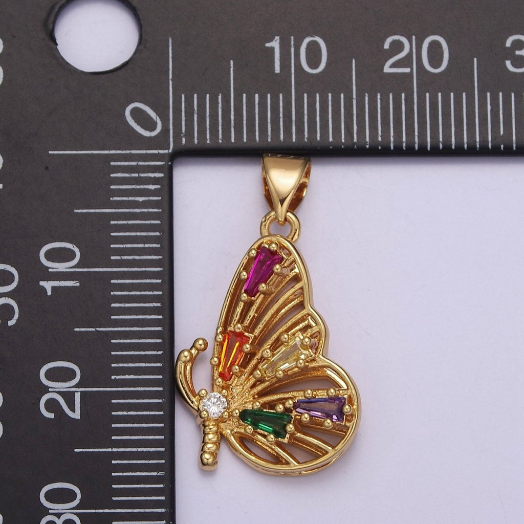Gold plated Mariposa Butterfly Pendant with Baguette Cubic Zirconia CZ Wings J-340 - DLUXCA