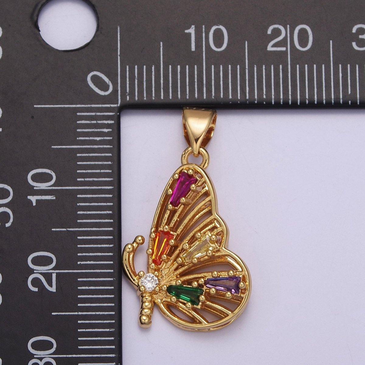 Gold plated Mariposa Butterfly Pendant with Baguette Cubic Zirconia CZ Wings J-340 - DLUXCA