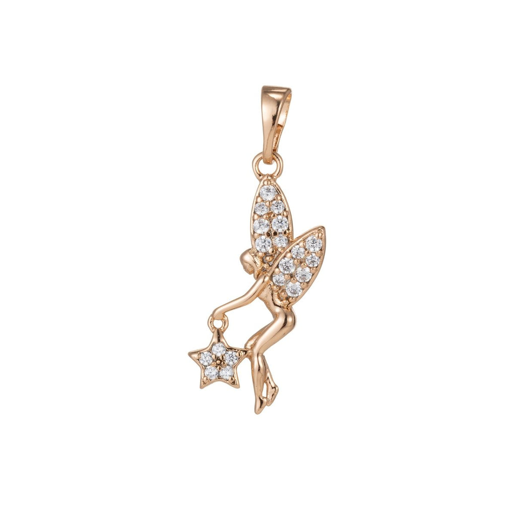 Gold plated Micro Pave CZ Fairy Pendant Charm, Micro Pave CZ Fairy Pendant Charm, Gold plated Pendant, For DIY Jewelry Making I-398 I-462 - DLUXCA
