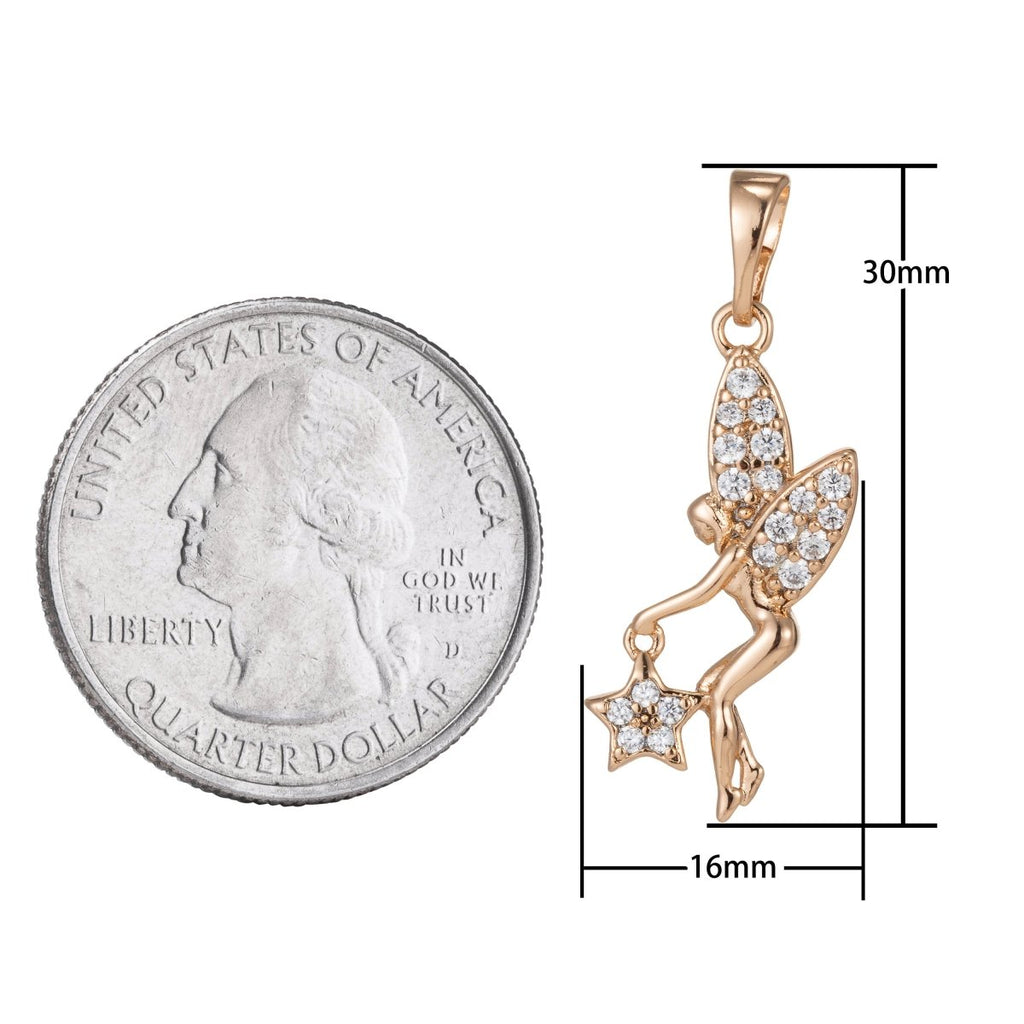 Gold plated Micro Pave CZ Fairy Pendant Charm, Micro Pave CZ Fairy Pendant Charm, Gold plated Pendant, For DIY Jewelry Making I-398 I-462 - DLUXCA