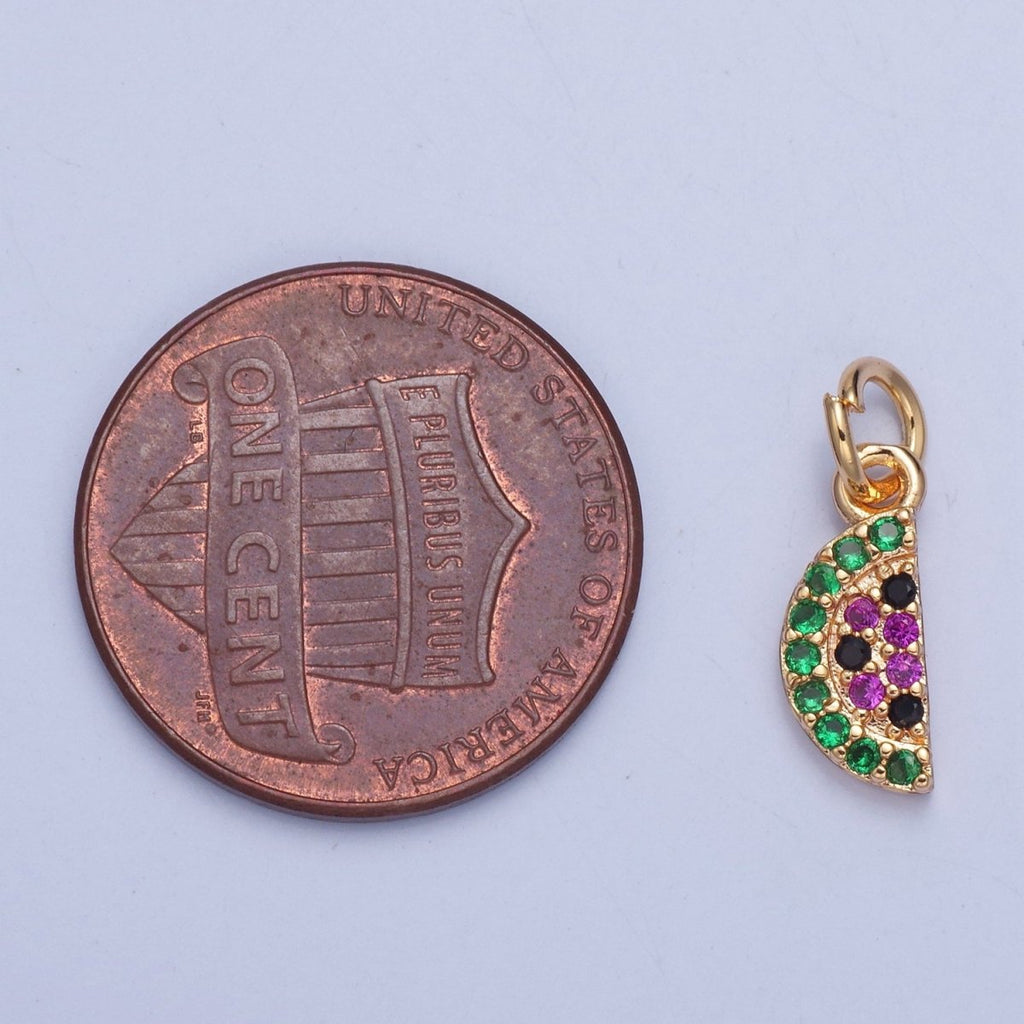 Gold plated Micro Pave CZ Watermelon Charm, Multicolor / Clear Cubic Zirconia Fruit Slice Charm For Jewelry Making, X034 X035