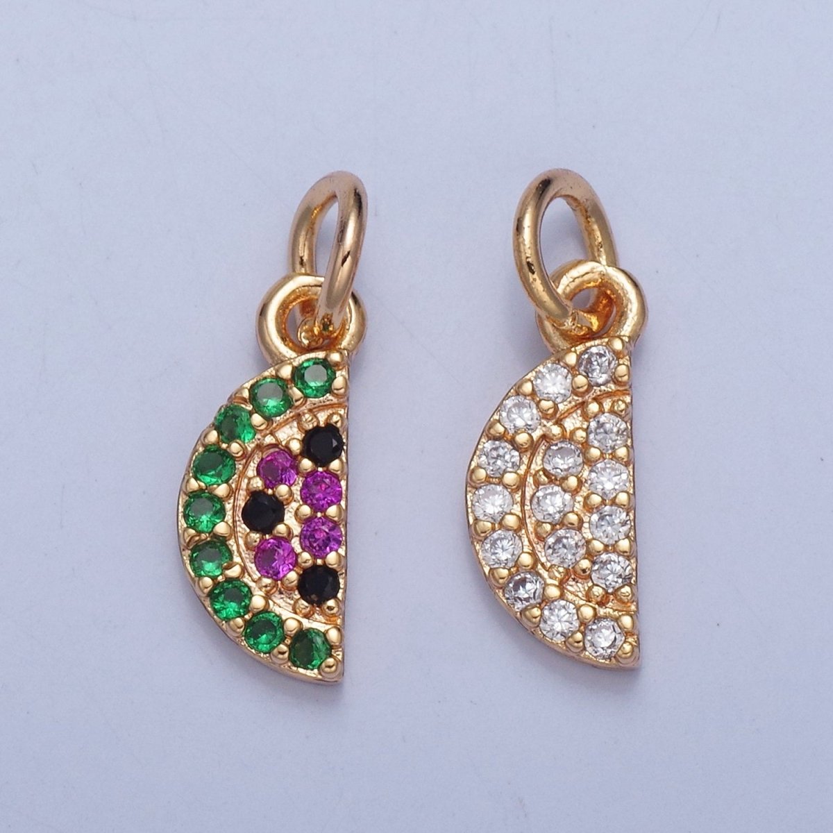 Gold plated Micro Pave CZ Watermelon Charm, Multicolor / Clear Cubic Zirconia Fruit Slice Charm For Jewelry Making, X034 X035