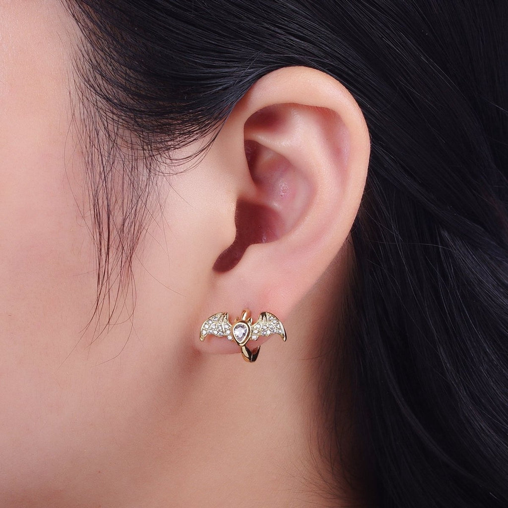 Gold plated Micro Paved Horn Flying Bats Gold Stud Halloween Earrings | Y-058 - DLUXCA