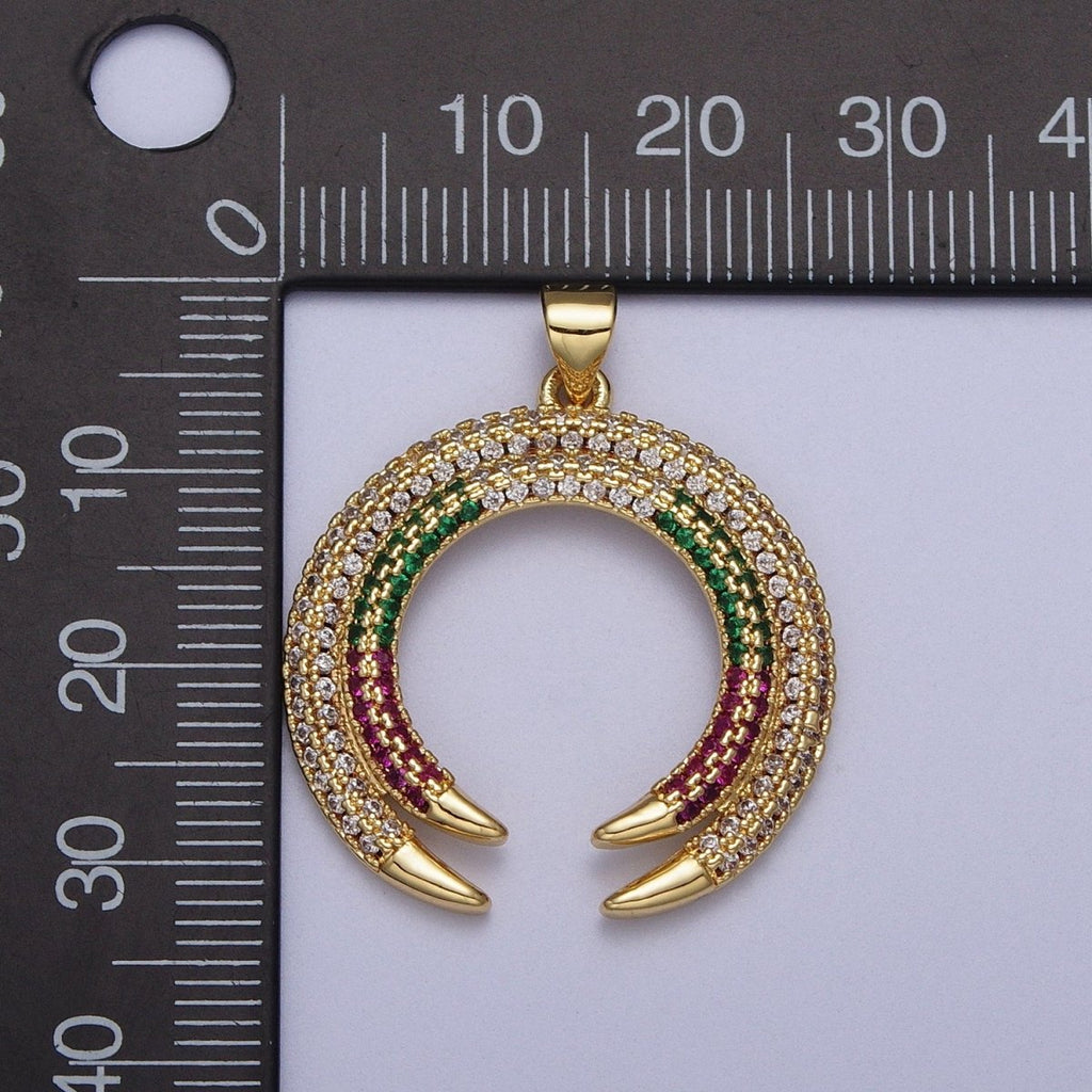 Gold-plated Micro Paved Multicolor Crescent Moon Double Horn Pendant H-253 - DLUXCA