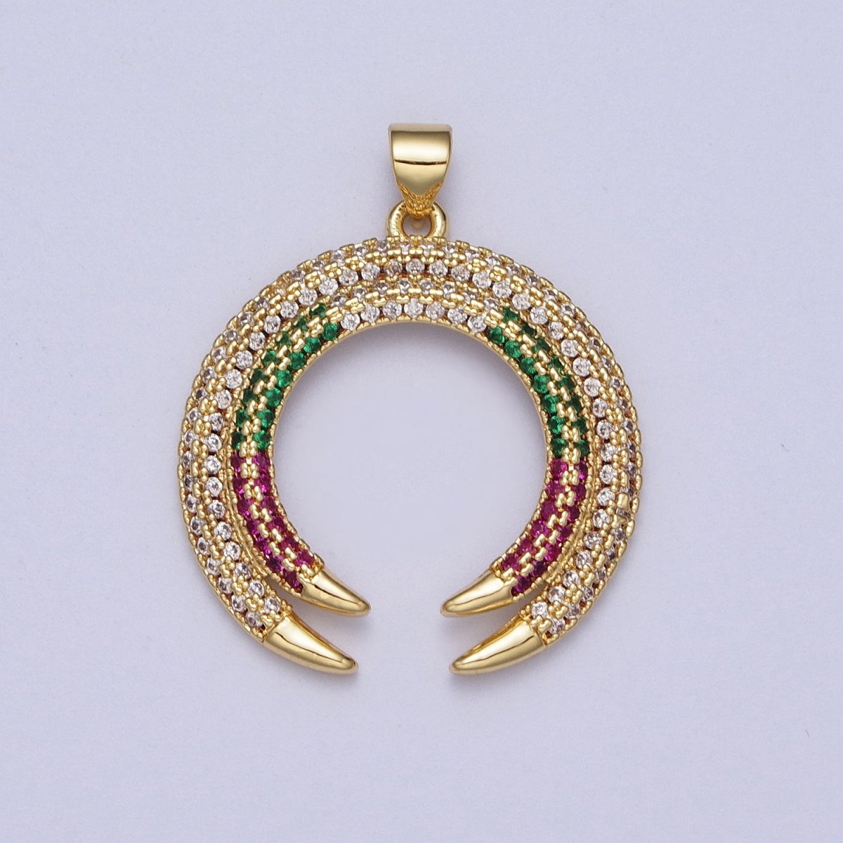 Gold-plated Micro Paved Multicolor Crescent Moon Double Horn Pendant H-253 - DLUXCA