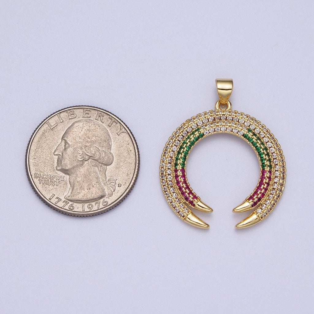 Gold-plated Micro Paved Multicolor Crescent Moon Double Horn Pendant H-253 - DLUXCA