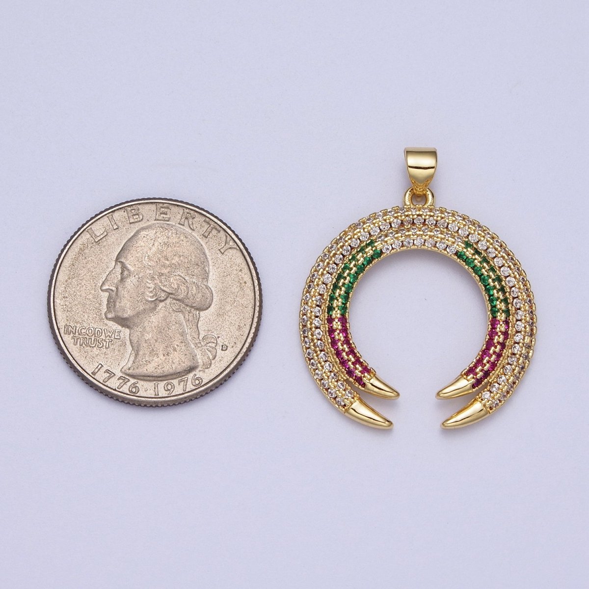 Gold-plated Micro Paved Multicolor Crescent Moon Double Horn Pendant H-253 - DLUXCA