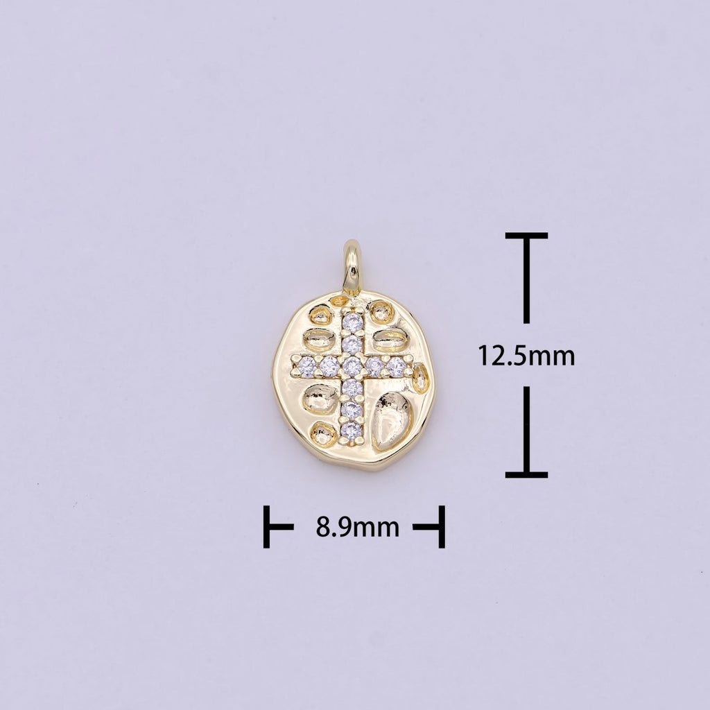 Gold plated Mini Coin Charm Micro Pave Cross Pendant for Add on Charm Religious Jewelry N-453 - DLUXCA