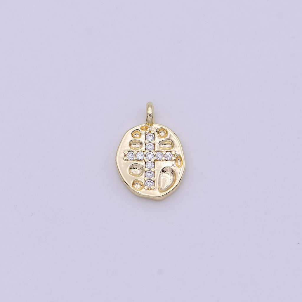 Gold plated Mini Coin Charm Micro Pave Cross Pendant for Add on Charm Religious Jewelry N-453 - DLUXCA