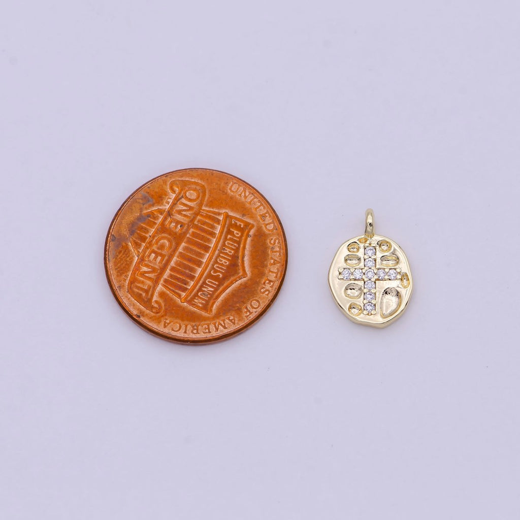 Gold plated Mini Coin Charm Micro Pave Cross Pendant for Add on Charm Religious Jewelry N-453 - DLUXCA