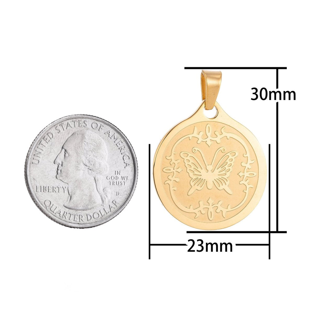 Gold plated Monarch Butterfly with Artistic Border Medallion Necklace Coin Pendant Bracelet Beads Earring Charm Bails for Jewelry Making J-370 - DLUXCA