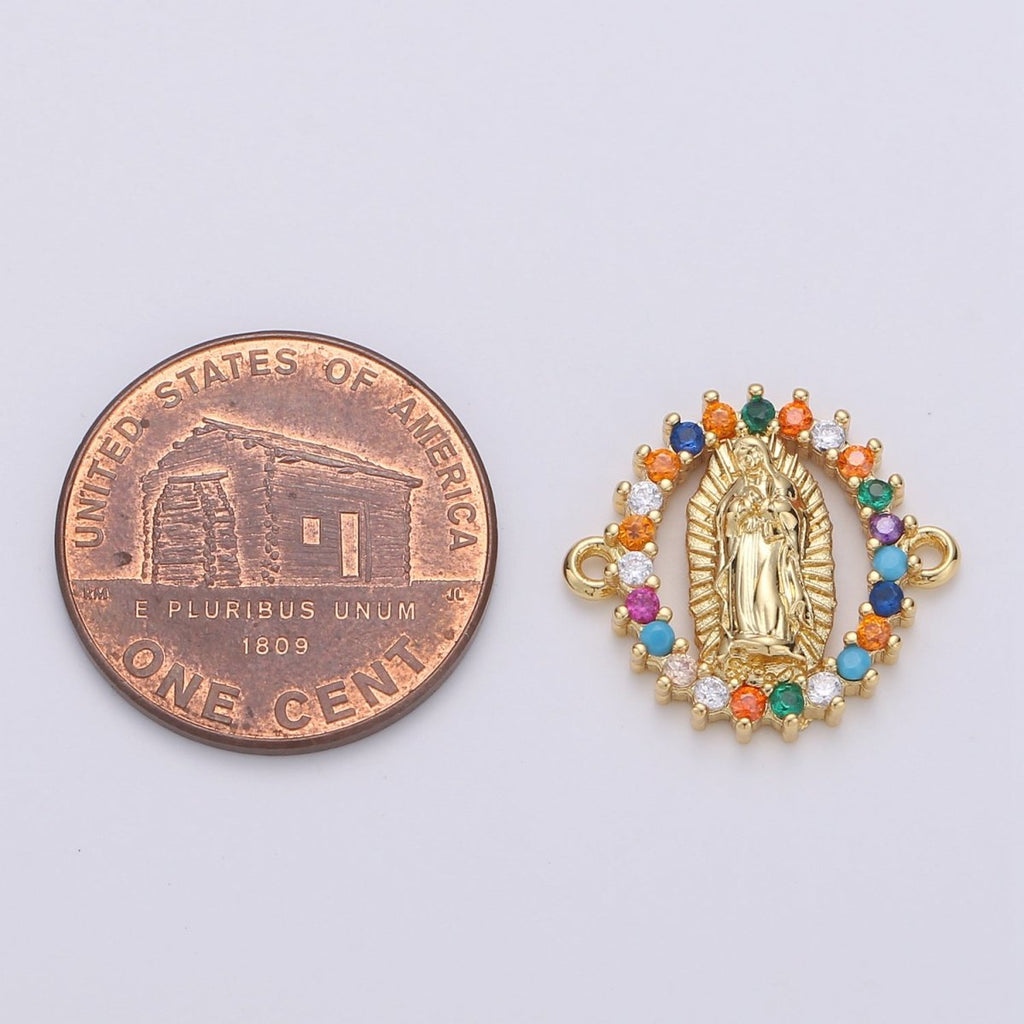 Gold plated Mother Virgin Mary Micro Pave Turquoise Rainbow CZ Cubic Zirconia Bracelet Charm for Necklace Earrings Supply for Jewelry Making F-451 F-550