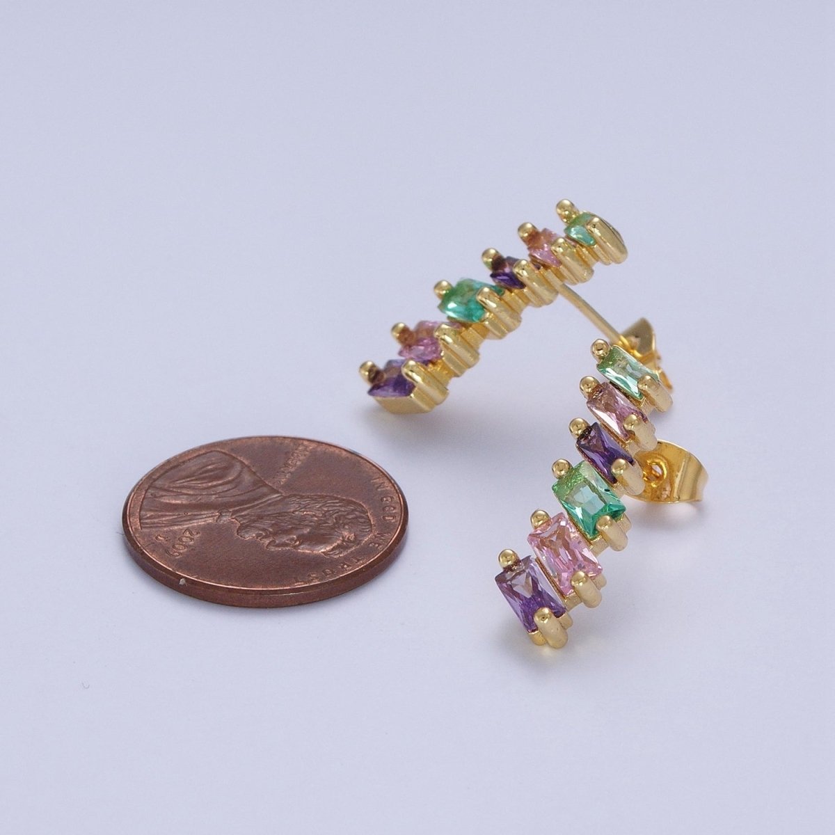 Gold plated Multicolor Baguette Cubic Zirconia CZ Stud Earrings T-025 - DLUXCA