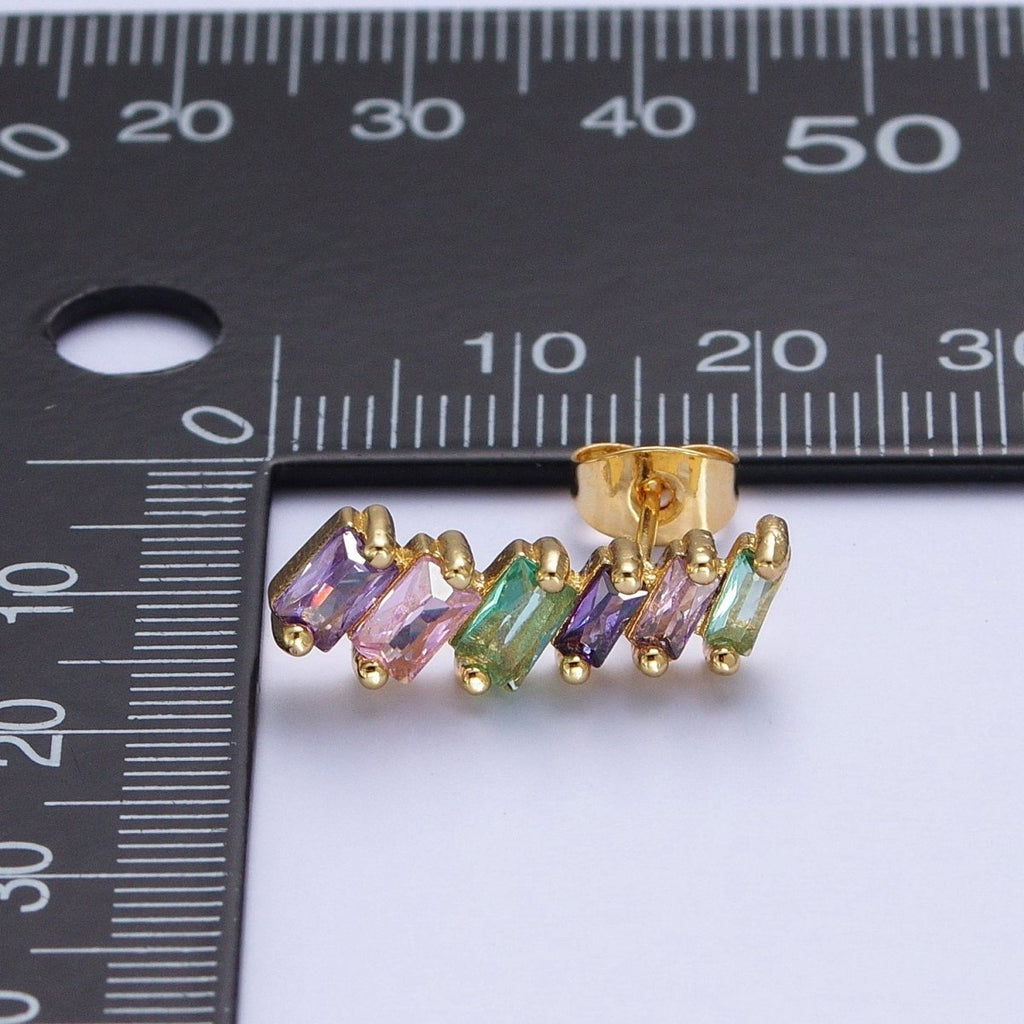 Gold plated Multicolor Baguette Cubic Zirconia CZ Stud Earrings T-025 - DLUXCA