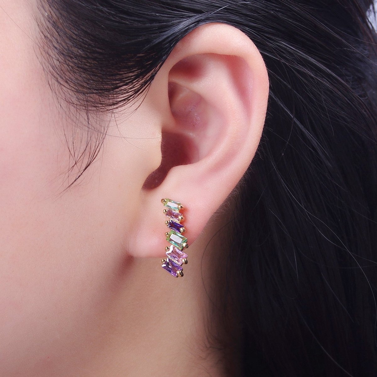 Gold plated Multicolor Baguette Cubic Zirconia CZ Stud Earrings T-025 - DLUXCA