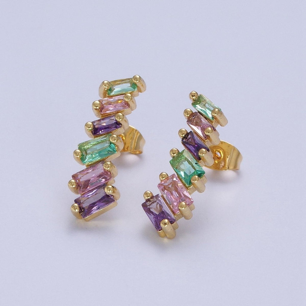 Gold plated Multicolor Baguette Cubic Zirconia CZ Stud Earrings T-025 - DLUXCA