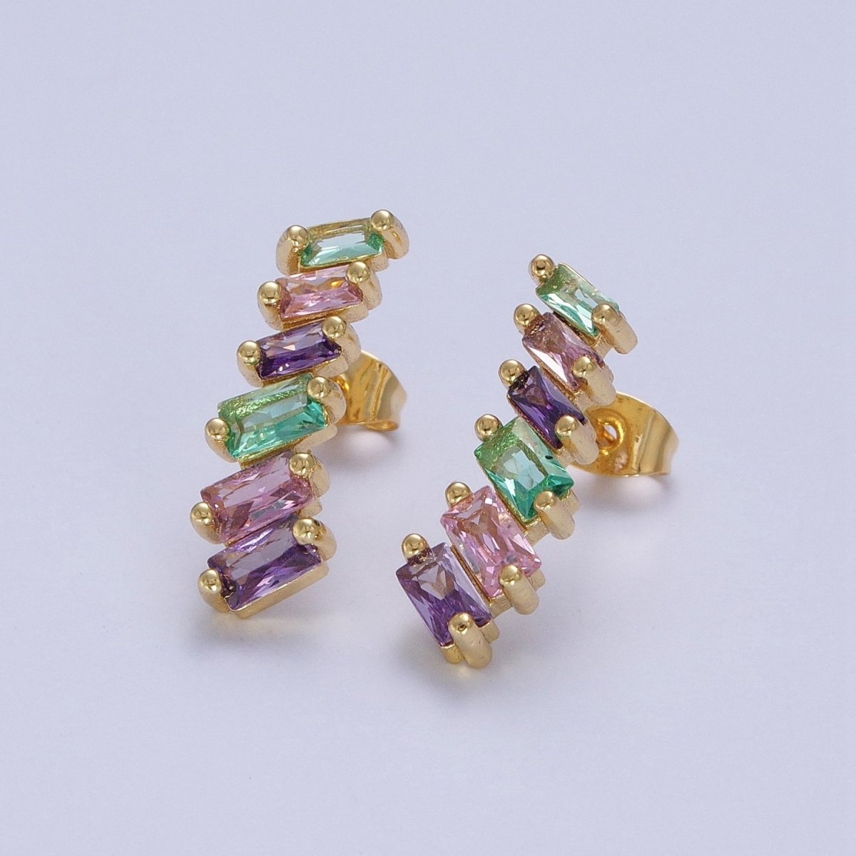 Gold plated Multicolor Baguette Cubic Zirconia CZ Stud Earrings T-025 - DLUXCA